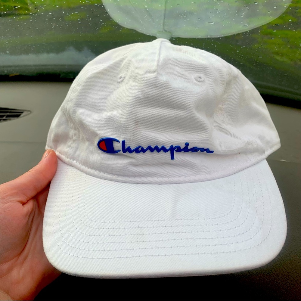Champion bright white blue writing baseball cap adjustable silver clasp back